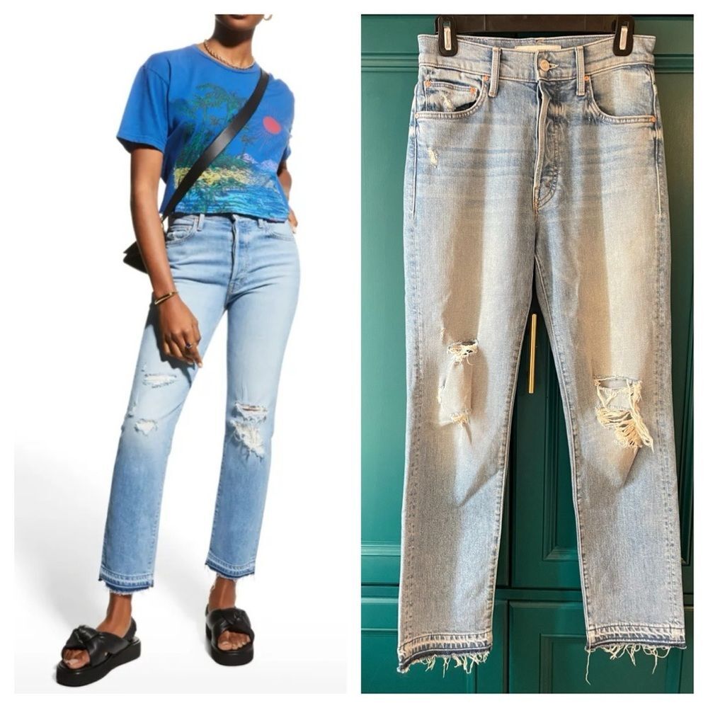 MOTHER Superior High Waisted Hiker Hover Straight Leg Jeans Raw Hem Light Sz 26